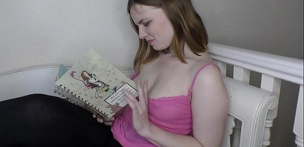  Cute brunette babe reading magazine and oiling up her boobs